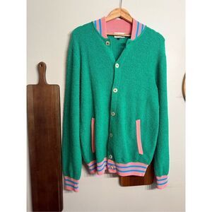 Gallia Green Pink Blue Cotton Blend Knit Long Sleeve Cardigan Sweater Size Large
